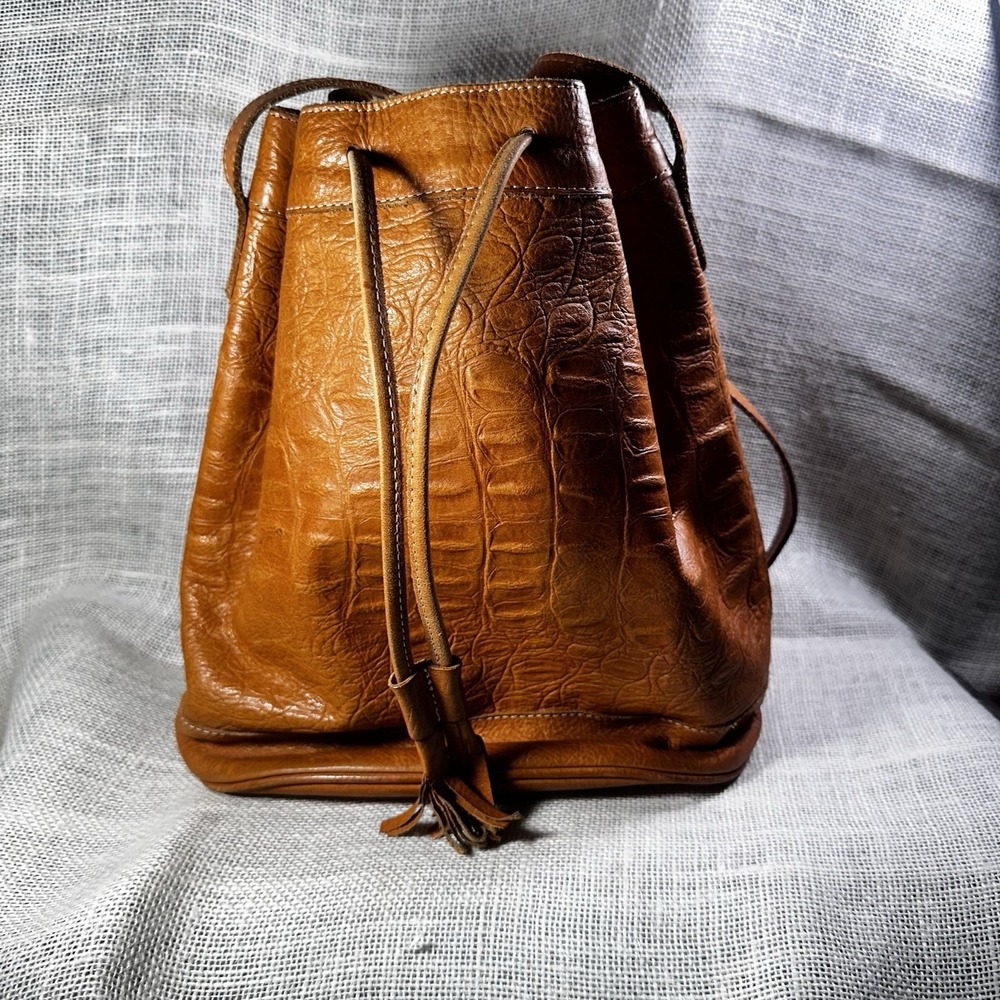 Unisa Cognac Leather Croc Embossed Bucket Bag Drawstring Tassel Made in Uruguay